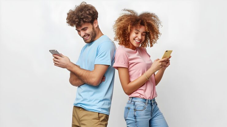 Joven pareja alegre usando telefonos inteligentes juntos entorno urbano casual 38013 62435